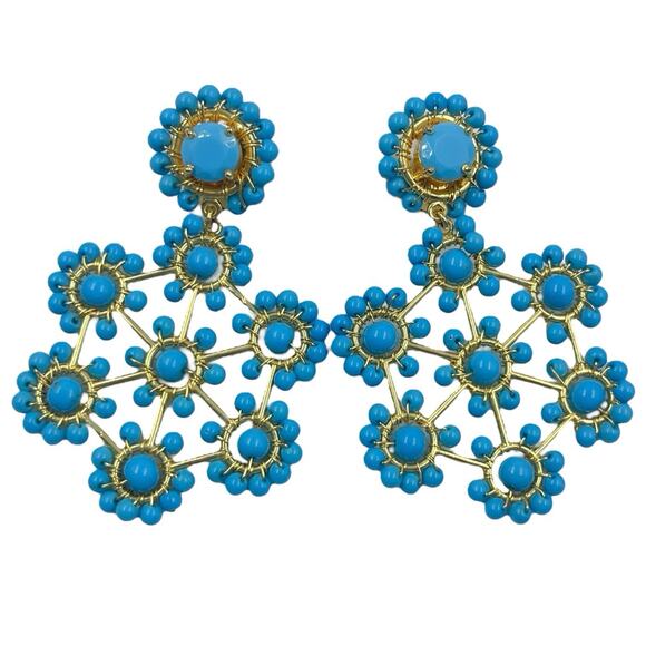 HUGE CHUNKY BEADED FLOWER DROP EARRINGS TURQUOISE GOLD HIGH QUALITY CLIP ONS EUC - Picture 1 of 3